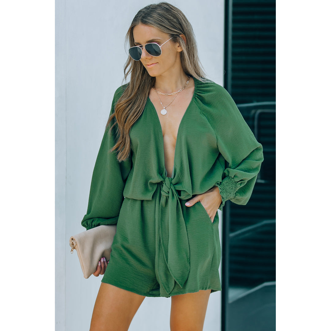 Womens Green Tie Knot Puff Long Sleeve Romper Image 8