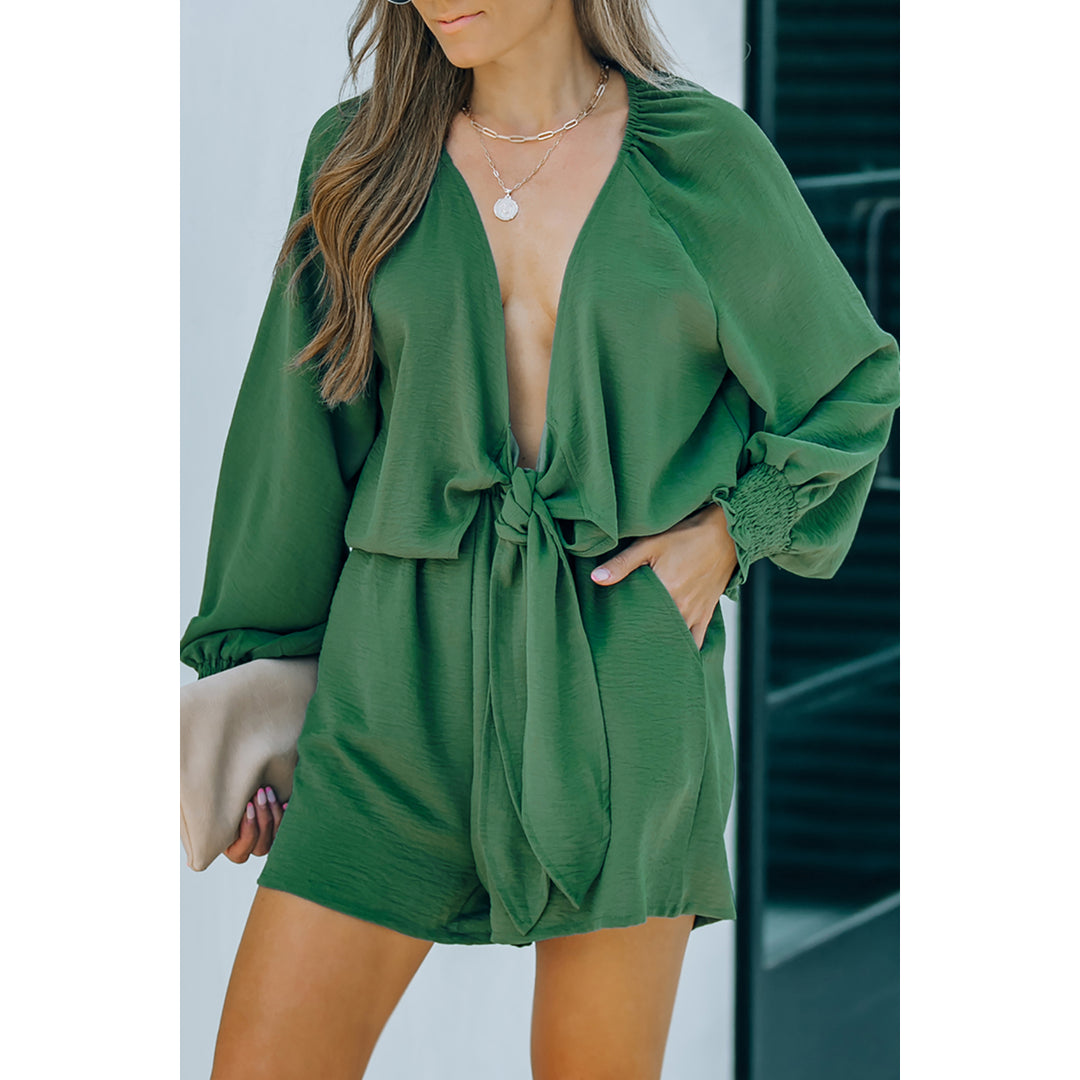Womens Green Tie Knot Puff Long Sleeve Romper Image 9