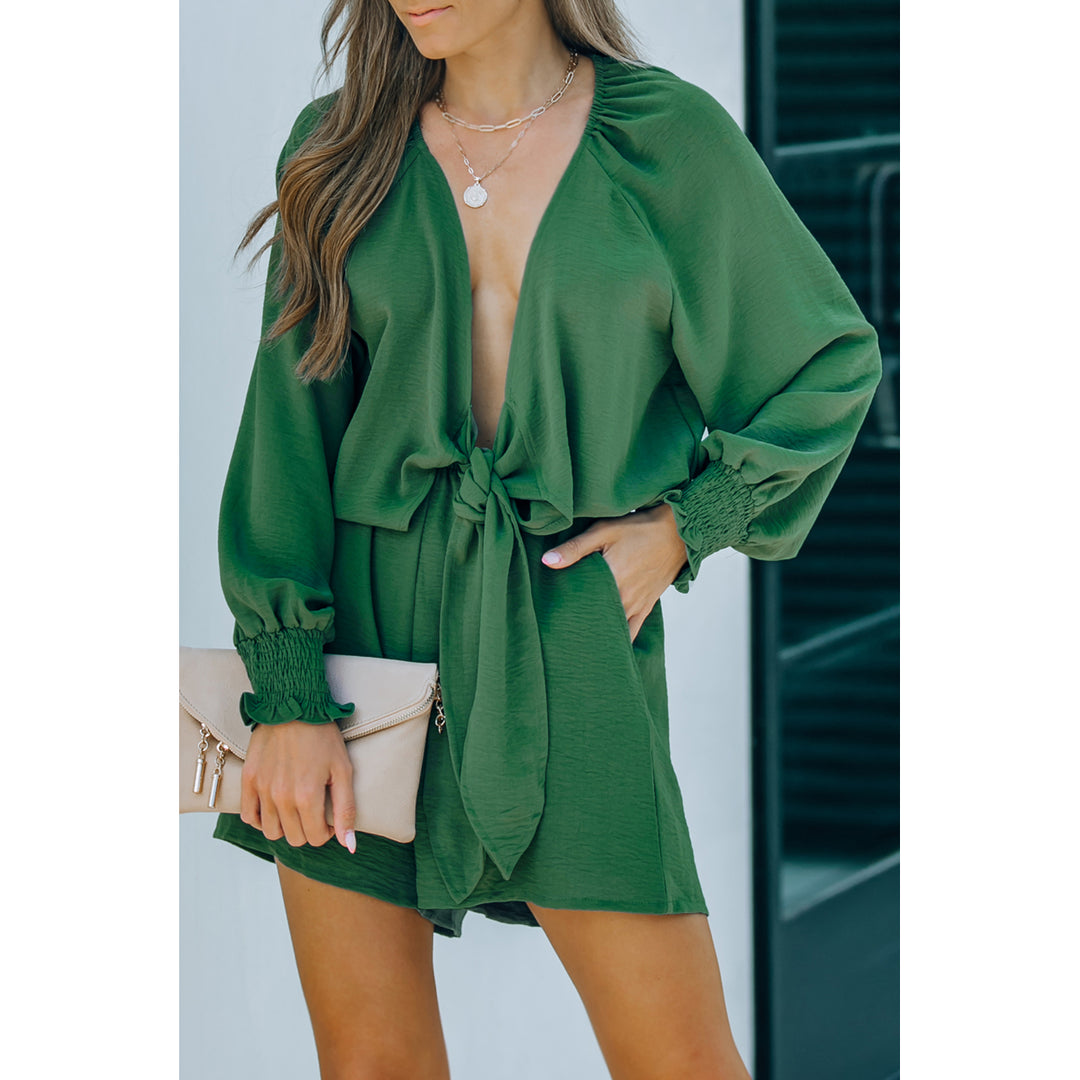 Womens Green Tie Knot Puff Long Sleeve Romper Image 10