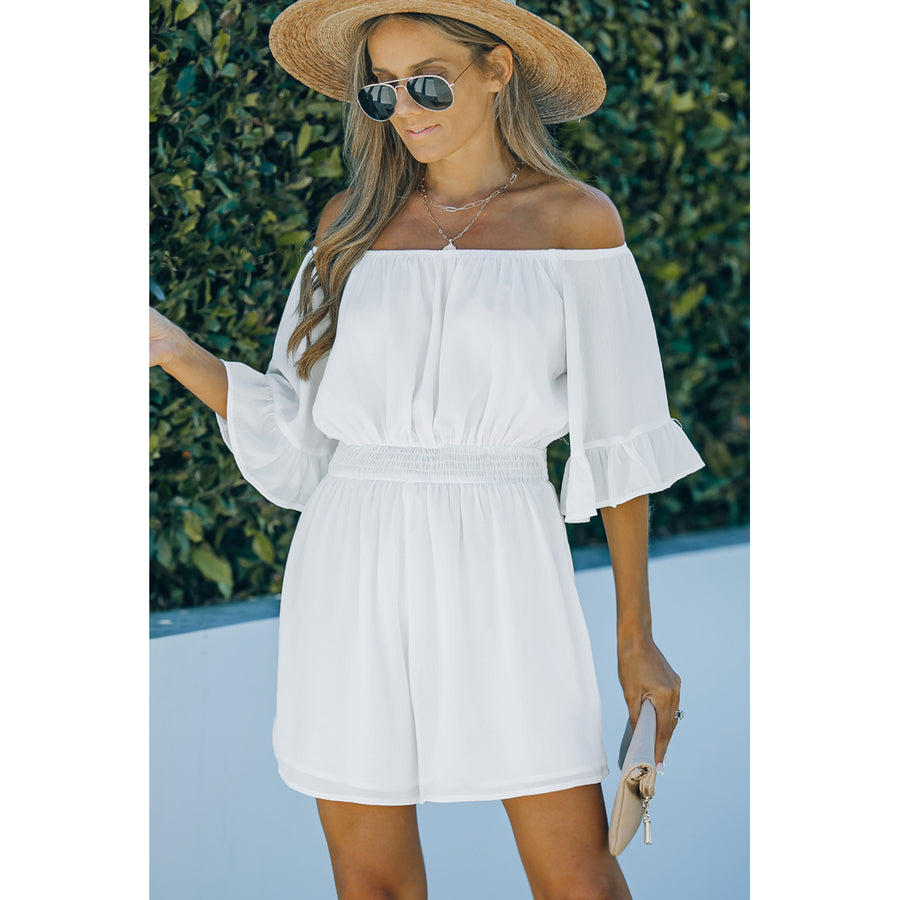 Womens White Ruffled Ruched High Waist Off Shoulder Romper Image 1