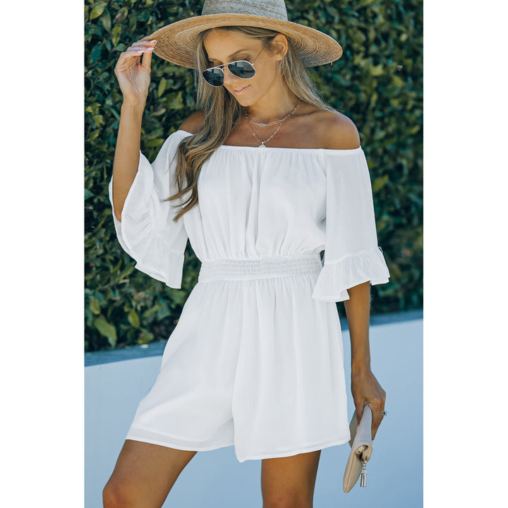 Womens White Ruffled Ruched High Waist Off Shoulder Romper Image 3