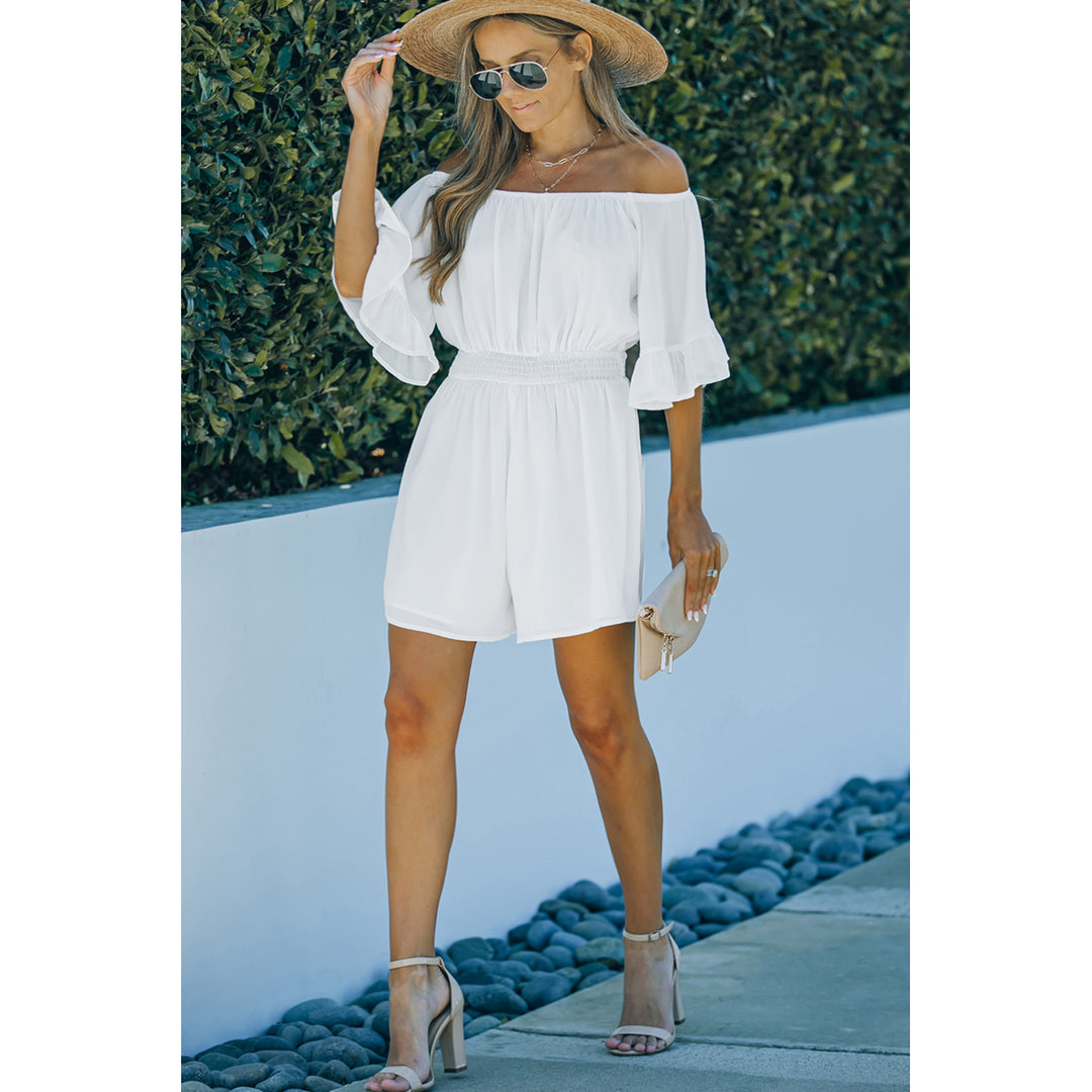 Womens White Ruffled Ruched High Waist Off Shoulder Romper Image 4