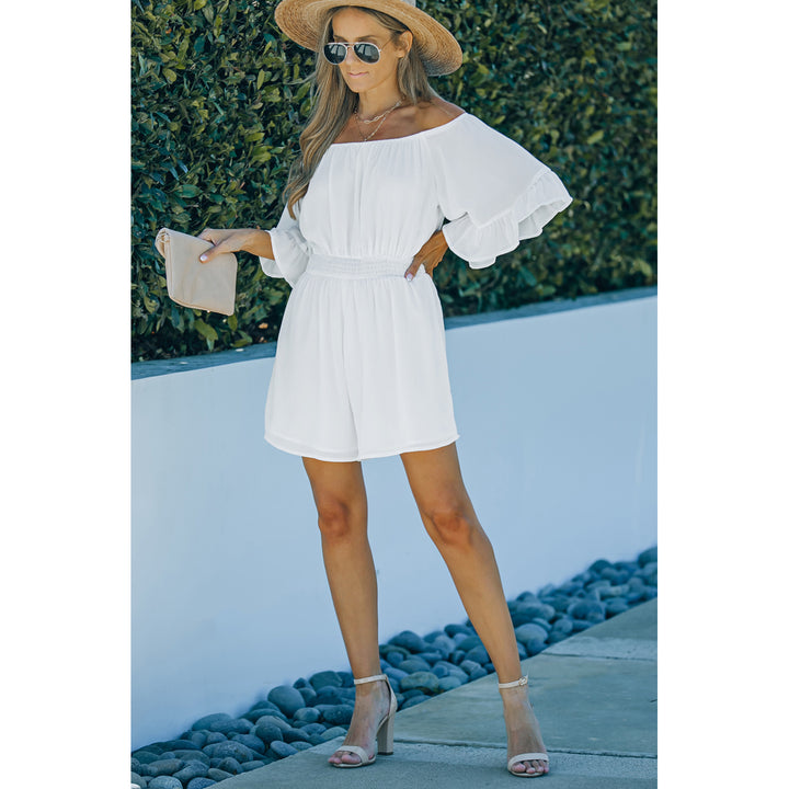 Womens White Ruffled Ruched High Waist Off Shoulder Romper Image 6