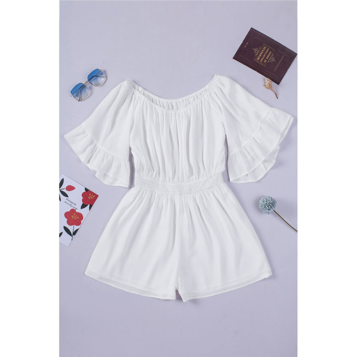 Womens White Ruffled Ruched High Waist Off Shoulder Romper Image 7