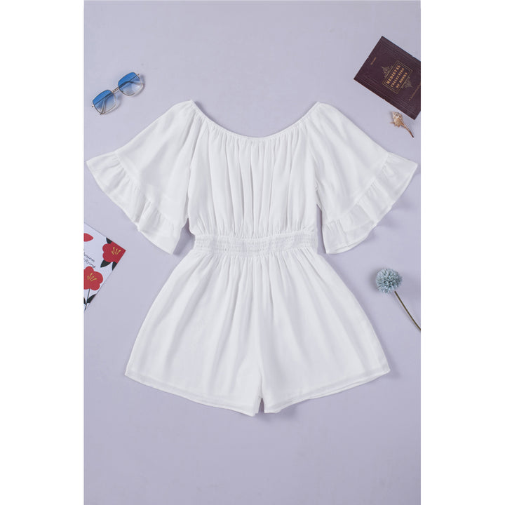 Womens White Ruffled Ruched High Waist Off Shoulder Romper Image 8