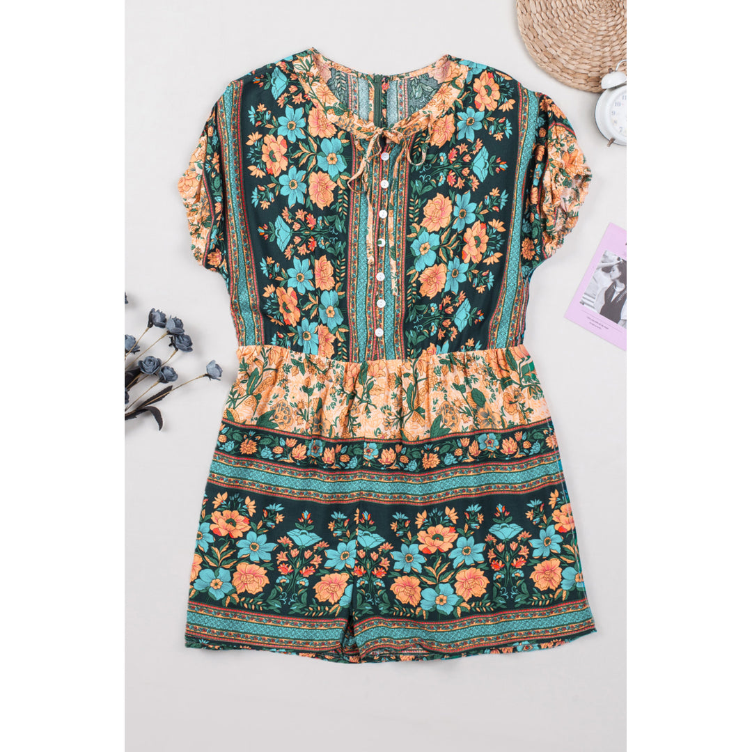 Womens Multicolor Spring Floral Buttons Short Sleeve Romper Image 9