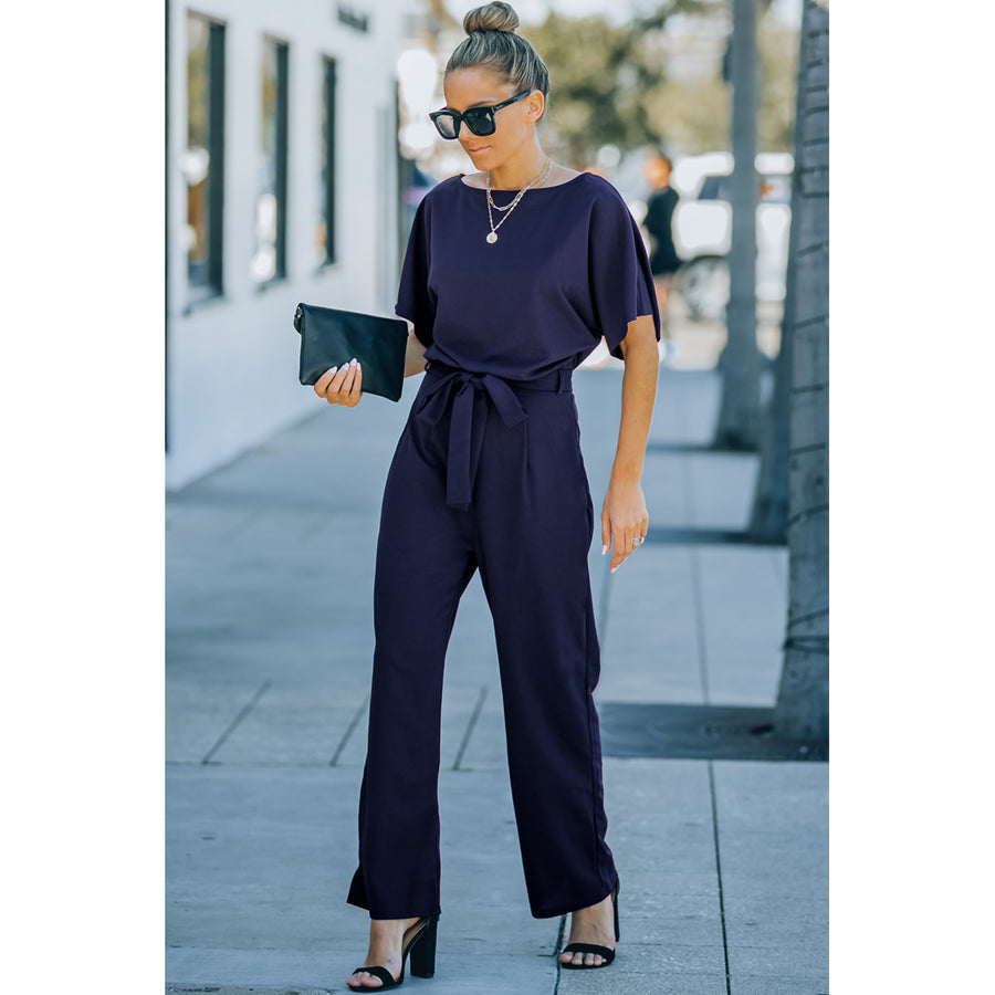 Womens Blue Oh So Glam Belted Wide Leg Jumpsuit Image 1