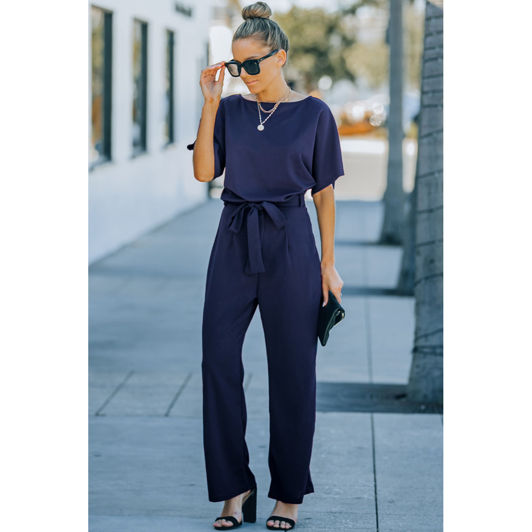Womens Blue Oh So Glam Belted Wide Leg Jumpsuit Image 3