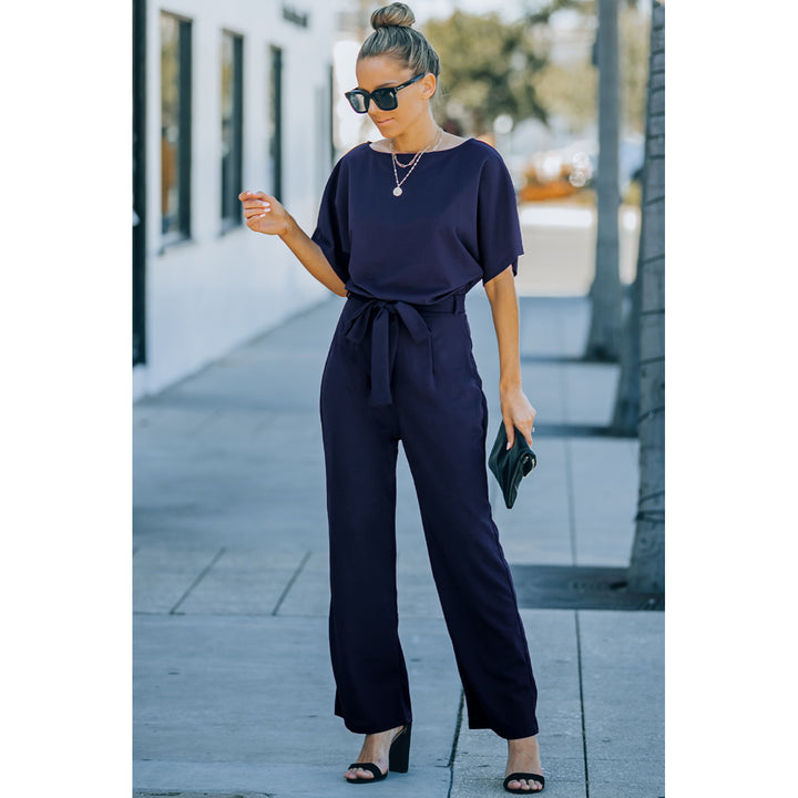 Womens Blue Oh So Glam Belted Wide Leg Jumpsuit Image 6