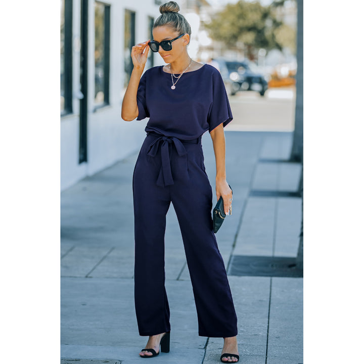 Womens Blue Oh So Glam Belted Wide Leg Jumpsuit Image 7