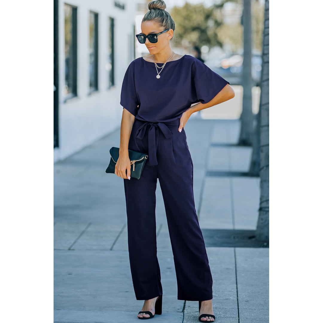 Womens Blue Oh So Glam Belted Wide Leg Jumpsuit Image 8