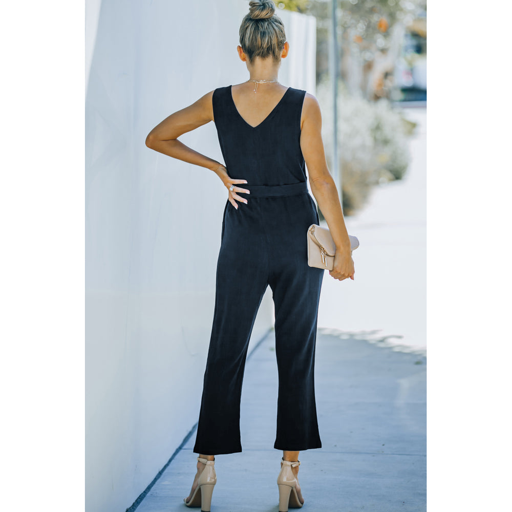 Womens Blue V Neck Button Belted Jumpsuit with Pockets Image 2