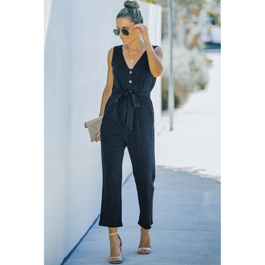 Womens Blue V Neck Button Belted Jumpsuit with Pockets Image 1