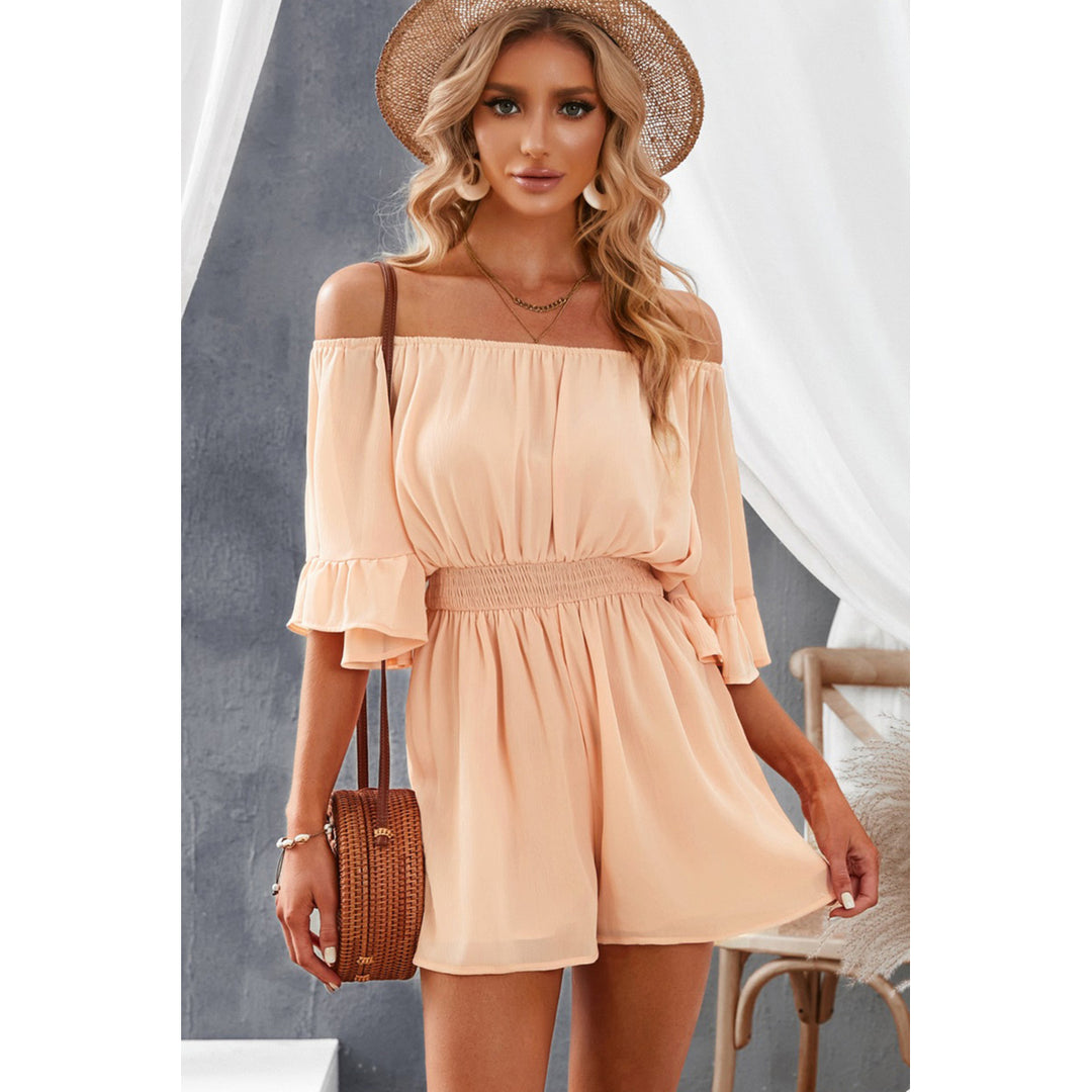 Womens Apricot Ruffled Ruched High Waist Off Shoulder Romper Image 3