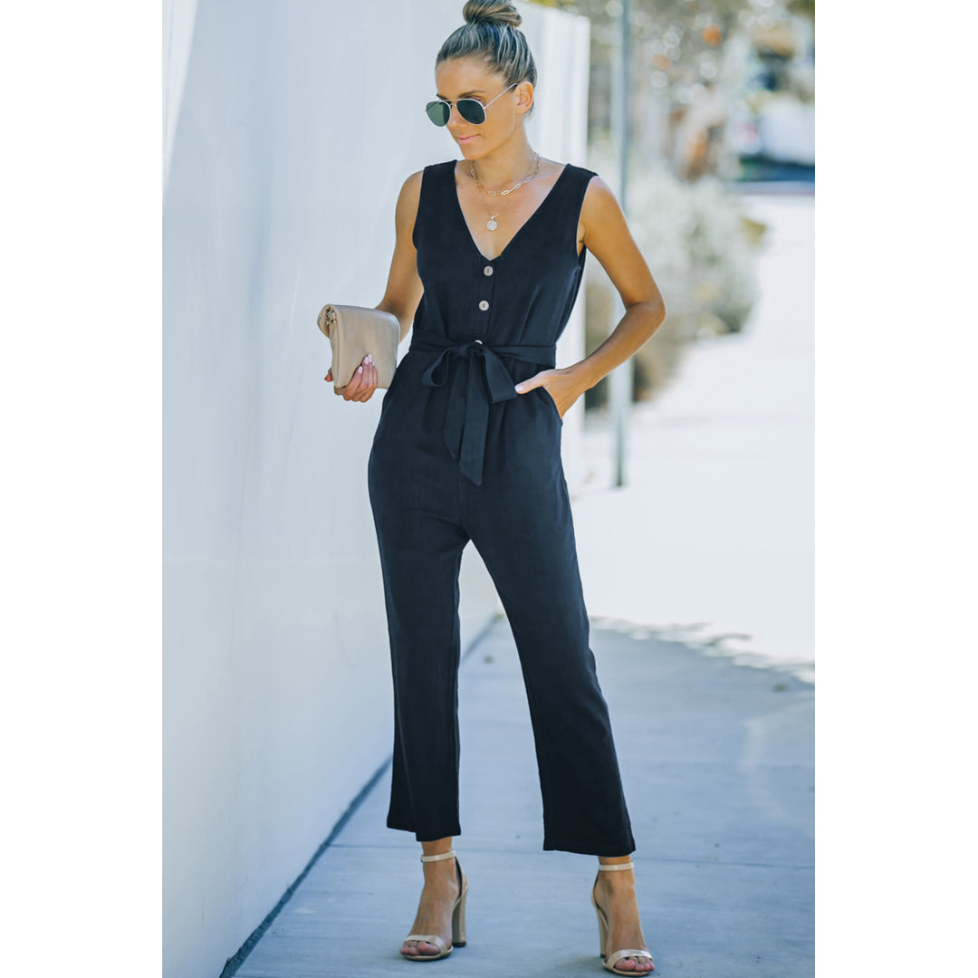 Womens Blue V Neck Button Belted Jumpsuit with Pockets Image 3