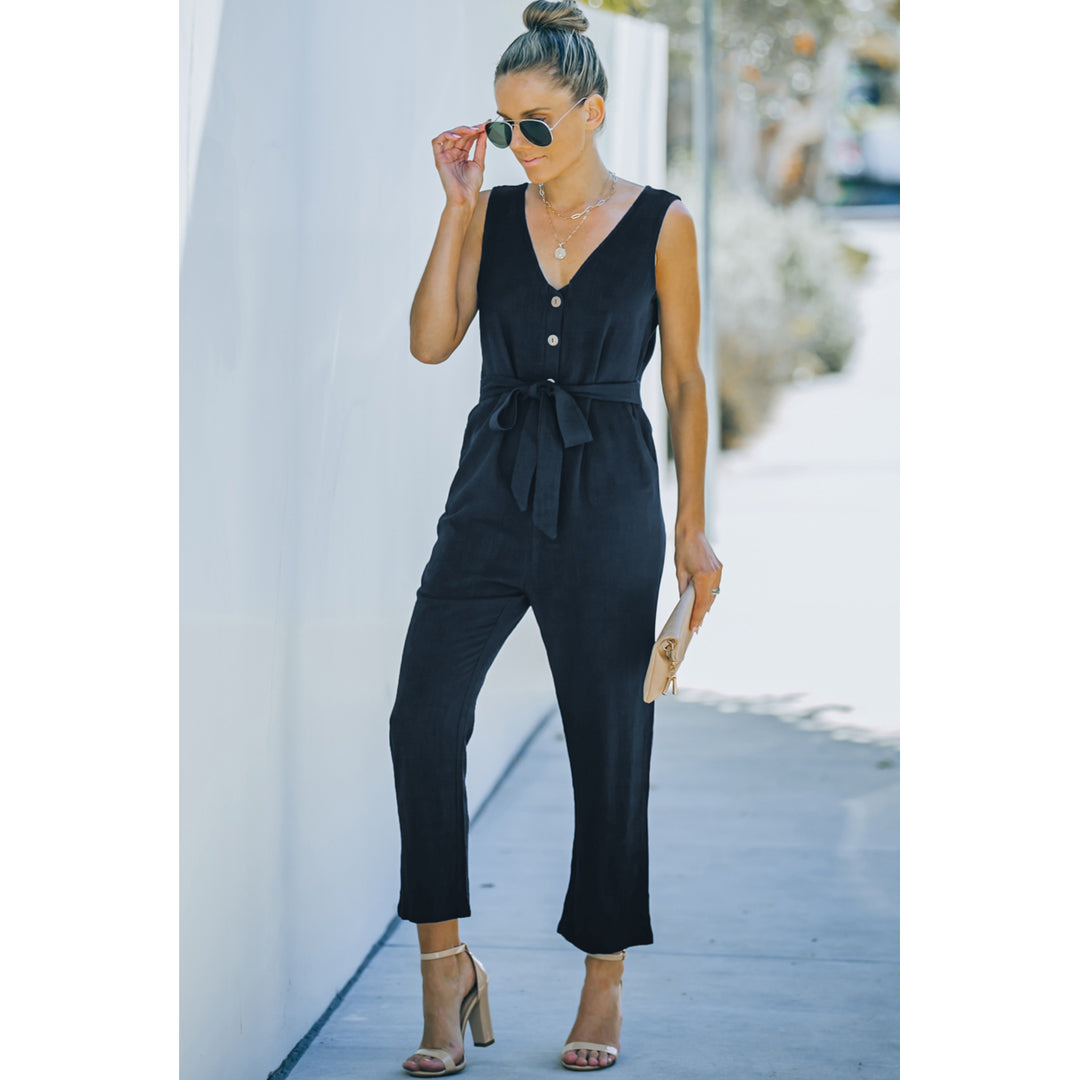 Womens Blue V Neck Button Belted Jumpsuit with Pockets Image 4