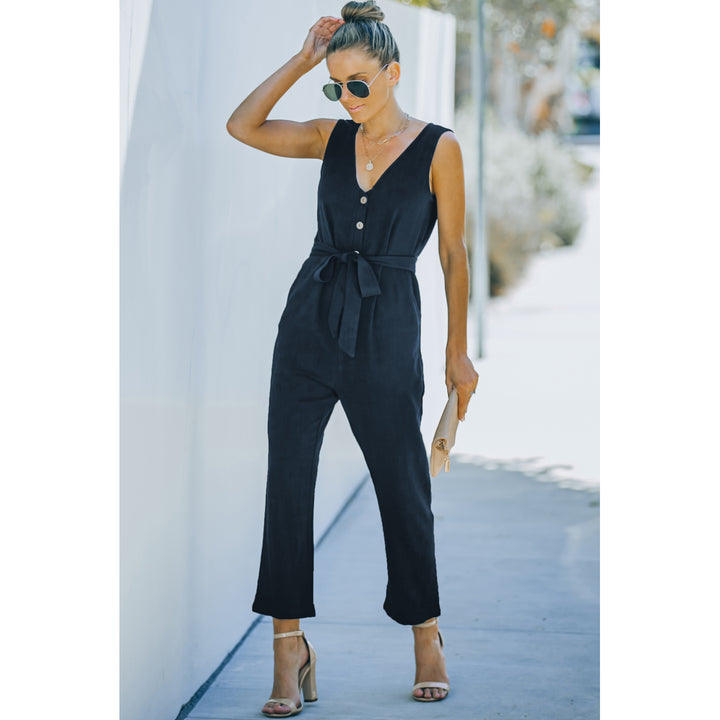 Womens Blue V Neck Button Belted Jumpsuit with Pockets Image 6