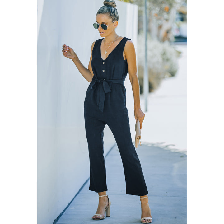 Womens Blue V Neck Button Belted Jumpsuit with Pockets Image 7