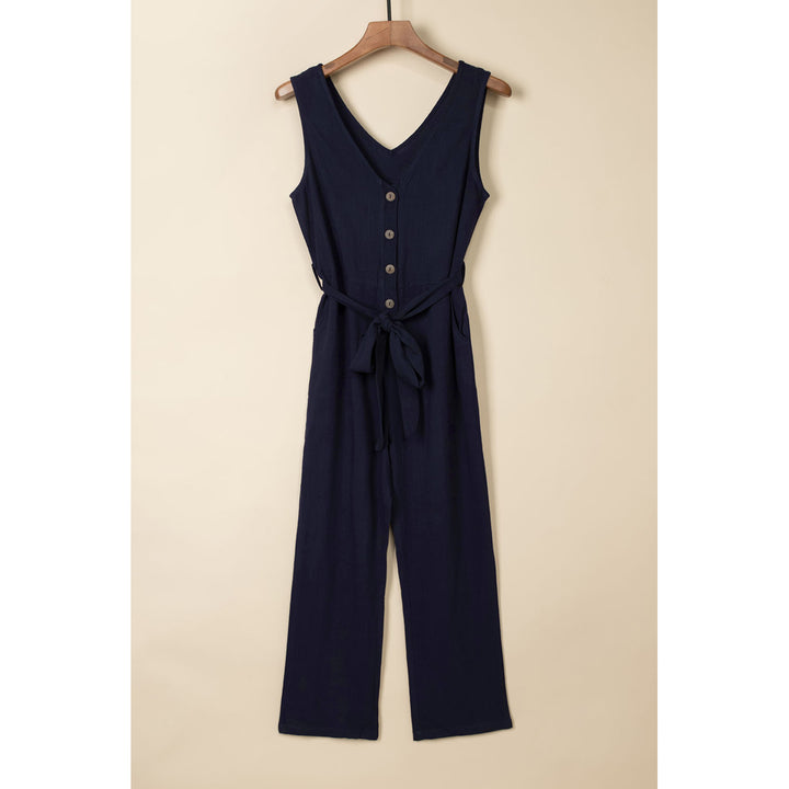 Womens Blue V Neck Button Belted Jumpsuit with Pockets Image 8