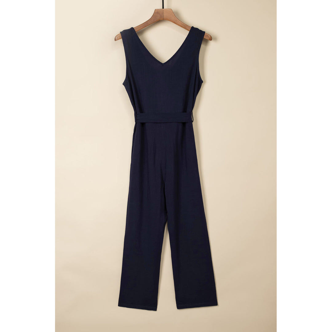 Womens Blue V Neck Button Belted Jumpsuit with Pockets Image 9