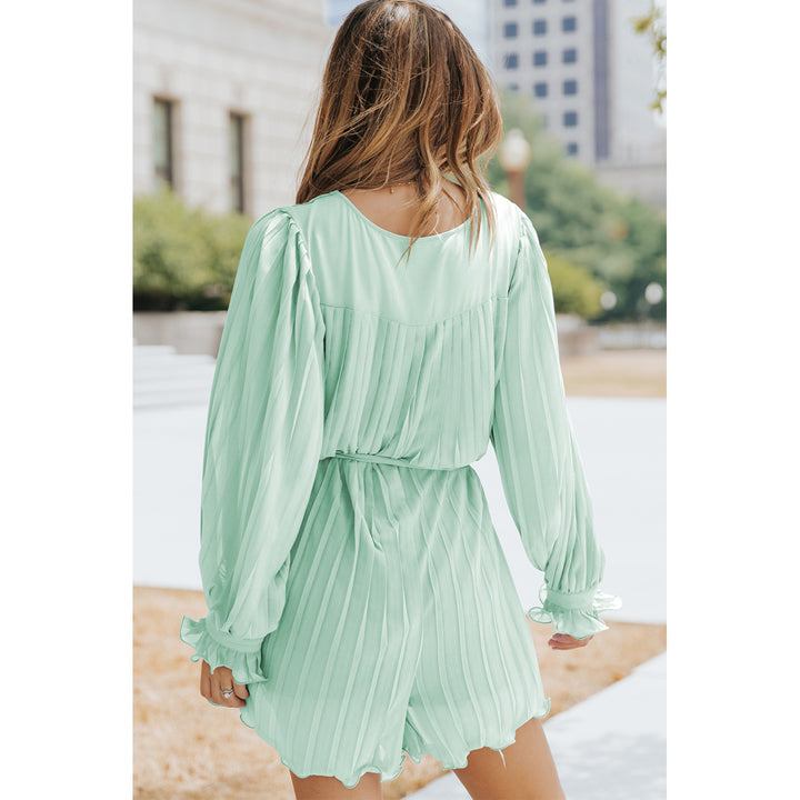 Womens Green Pleated Ruffled Tie Waist Buttons V Neck Romper Image 2