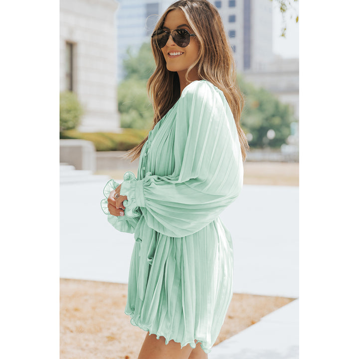 Womens Green Pleated Ruffled Tie Waist Buttons V Neck Romper Image 1