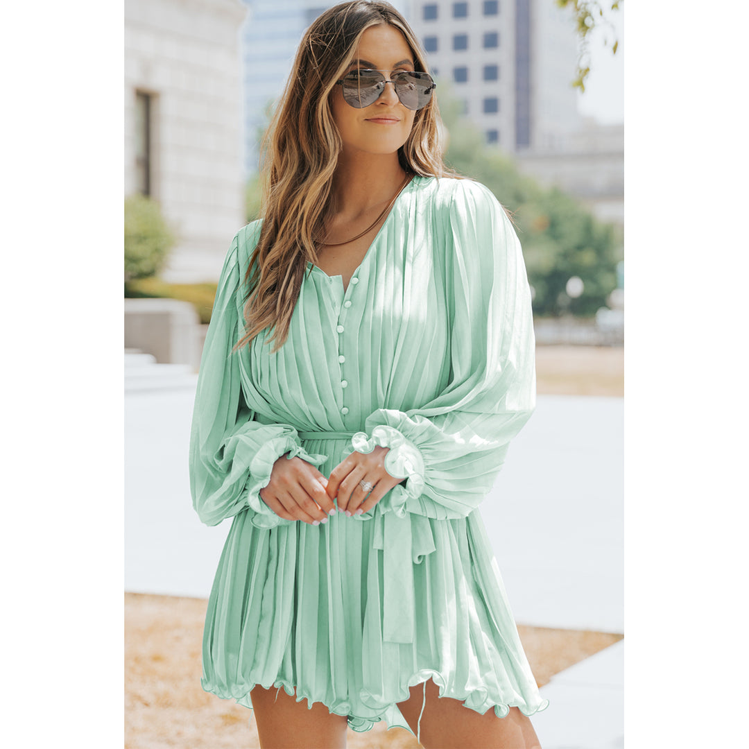 Womens Green Pleated Ruffled Tie Waist Buttons V Neck Romper Image 3