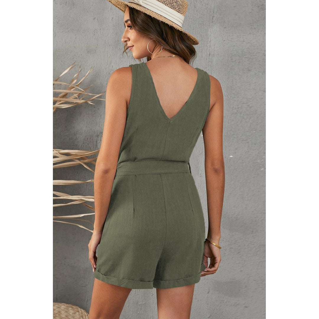 Womens Green Button V Neck Romper with Belt Image 1