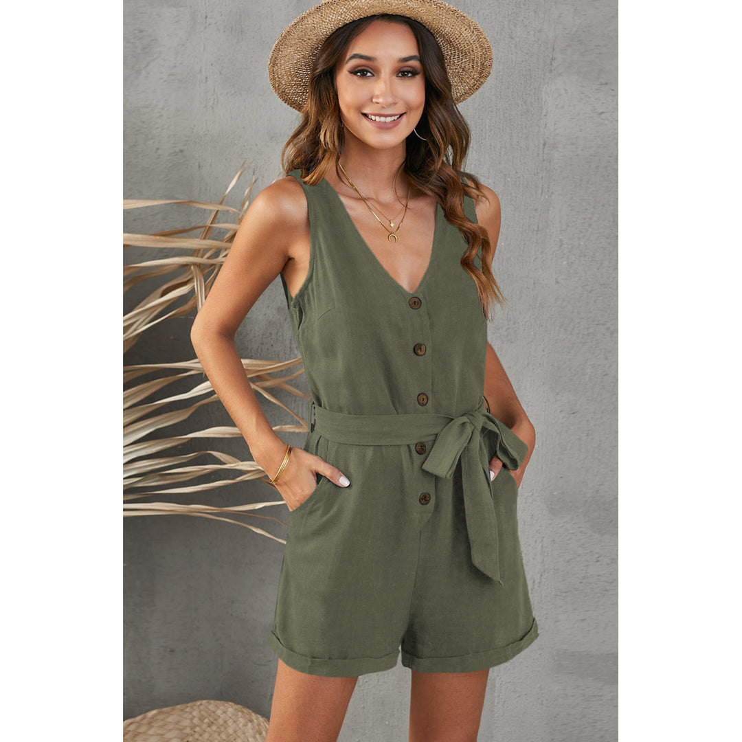 Womens Green Button V Neck Romper with Belt Image 4