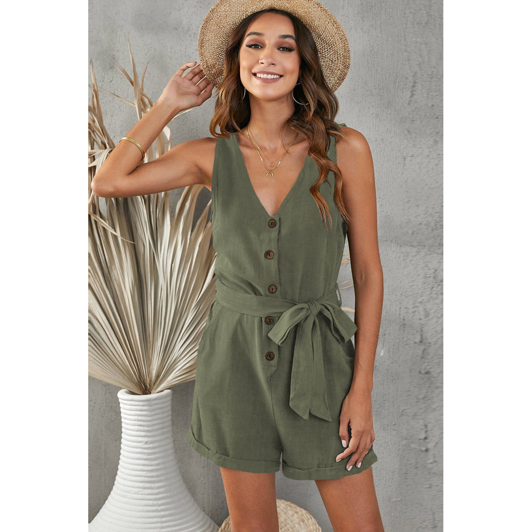 Womens Green Button V Neck Romper with Belt Image 6