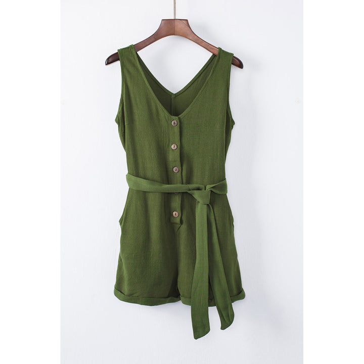 Womens Green Button V Neck Romper with Belt Image 7