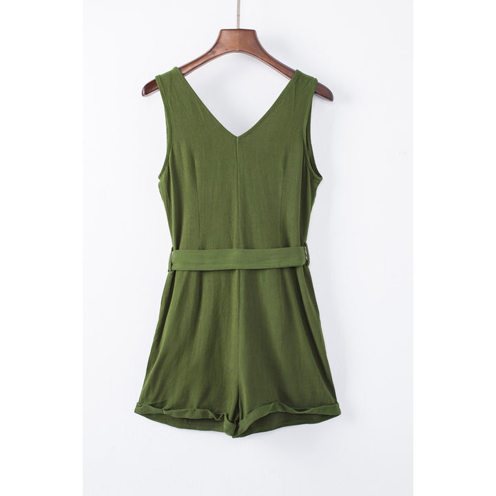 Womens Green Button V Neck Romper with Belt Image 8