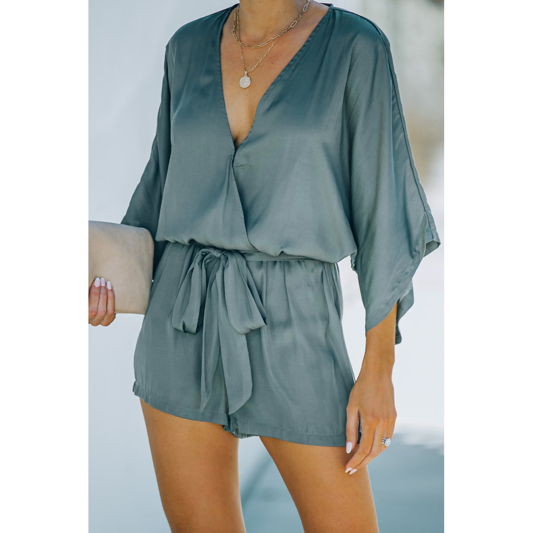 Womens Gray 3/4 Sleeves Surplice V Neck Romper with Belt Image 1