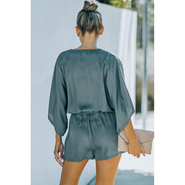 Womens Gray 3/4 Sleeves Surplice V Neck Romper with Belt Image 2