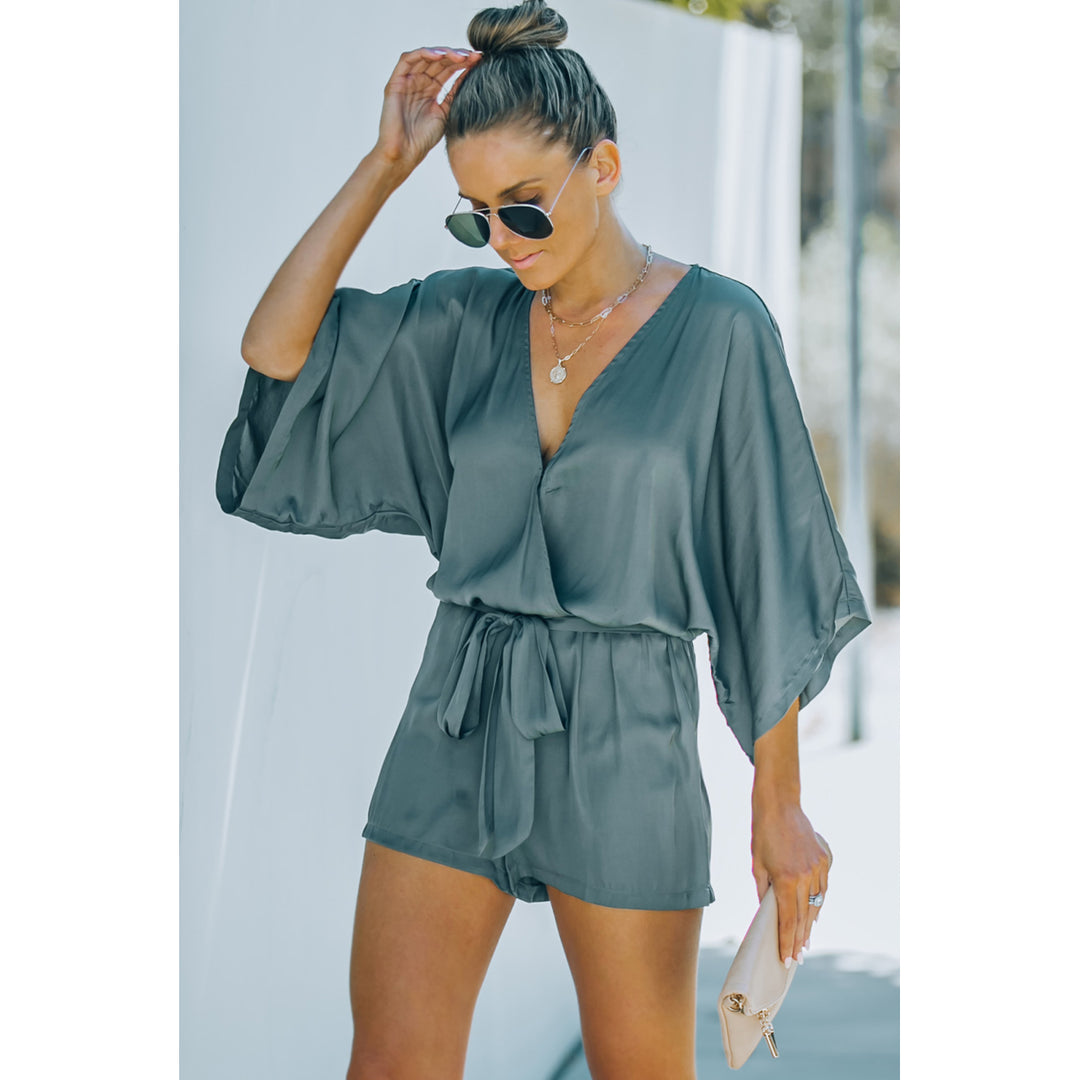 Womens Gray 3/4 Sleeves Surplice V Neck Romper with Belt Image 3