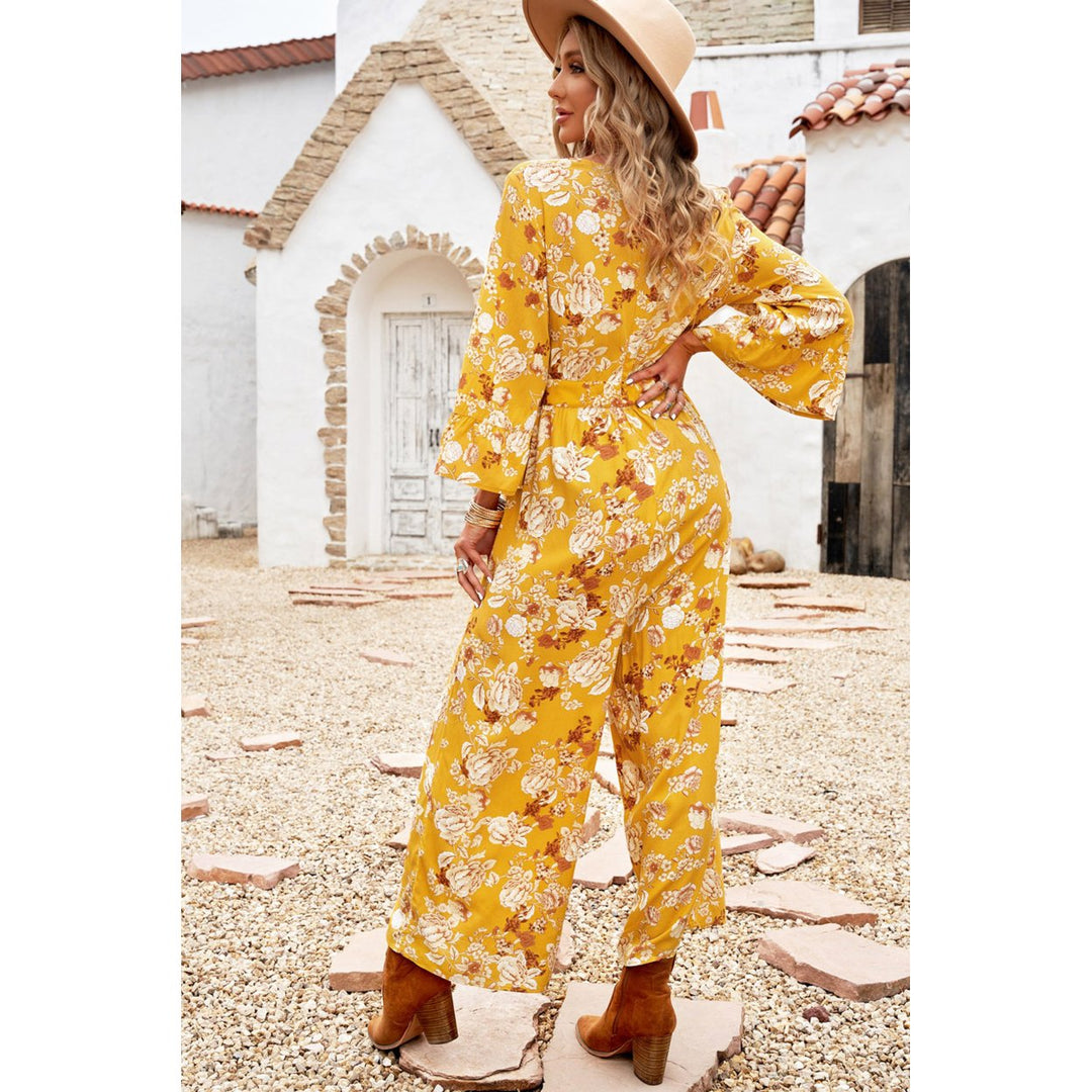 Womens Yellow Floral Print Wide Leg Buttons V Neck Jumpsuit Image 1
