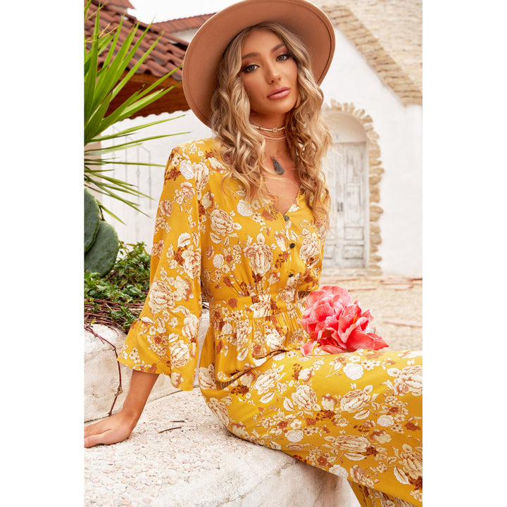 Womens Yellow Floral Print Wide Leg Buttons V Neck Jumpsuit Image 4