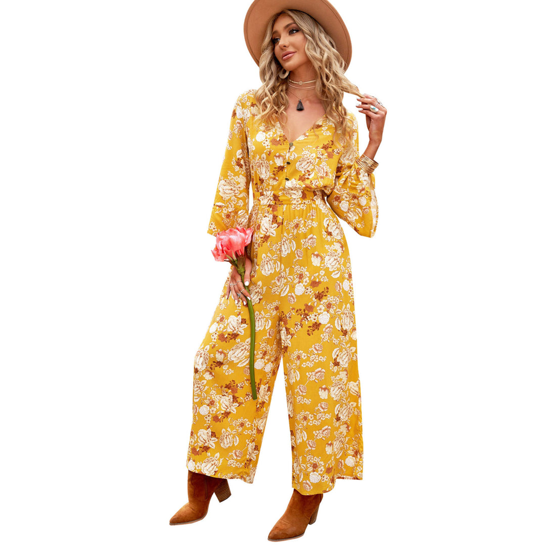 Womens Yellow Floral Print Wide Leg Buttons V Neck Jumpsuit Image 7