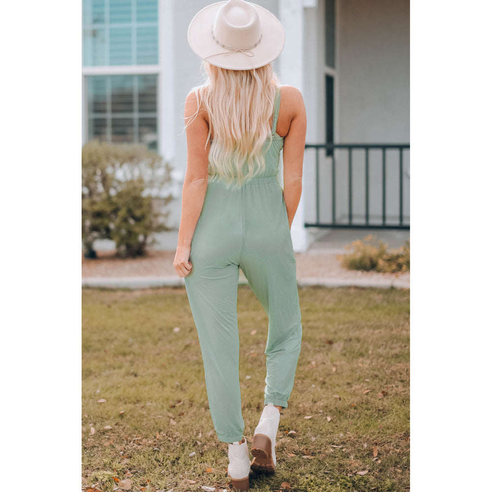 Womens Green Ruched Front Spaghetti Strap Jumpsuit Image 2