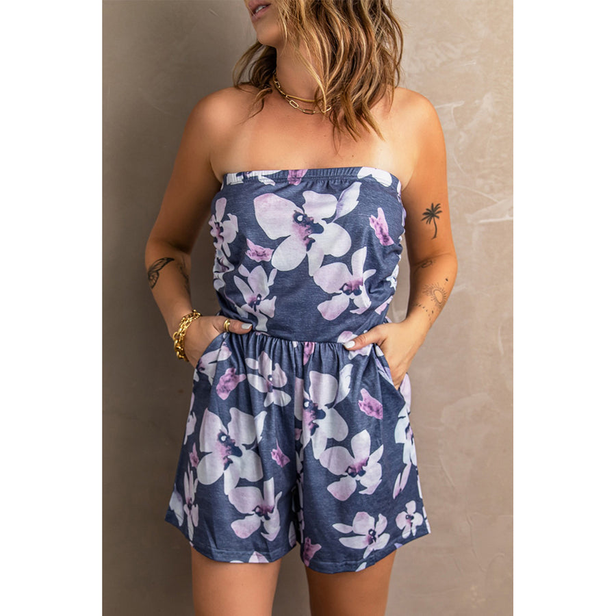 Womens Gray Bandeau Floral Print Romper with Pockets Image 1