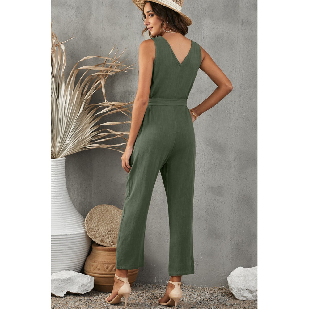 Womens Green V Neck Button Belted Jumpsuit with Pockets Image 2