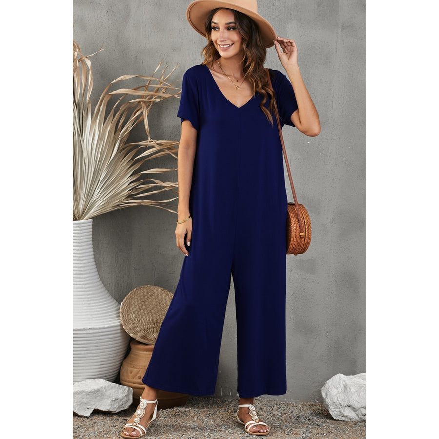 Womens Blue Solid Color Short Sleeve Wide Leg Jumpsuit with Pocket Image 1