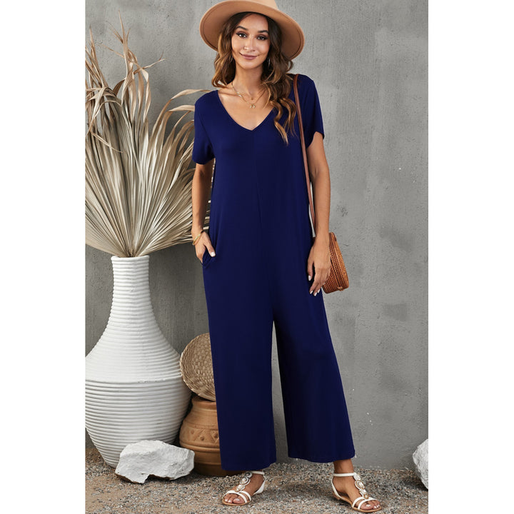 Womens Blue Solid Color Short Sleeve Wide Leg Jumpsuit with Pocket Image 3