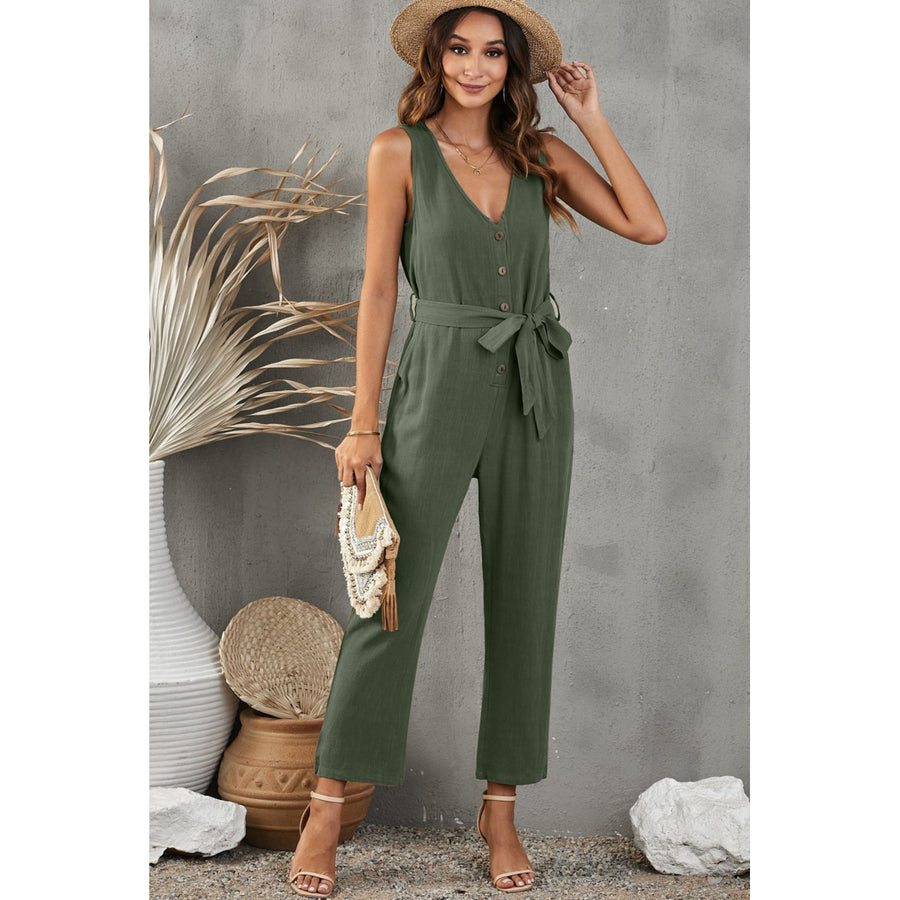 Womens Green V Neck Button Belted Jumpsuit with Pockets Image 1
