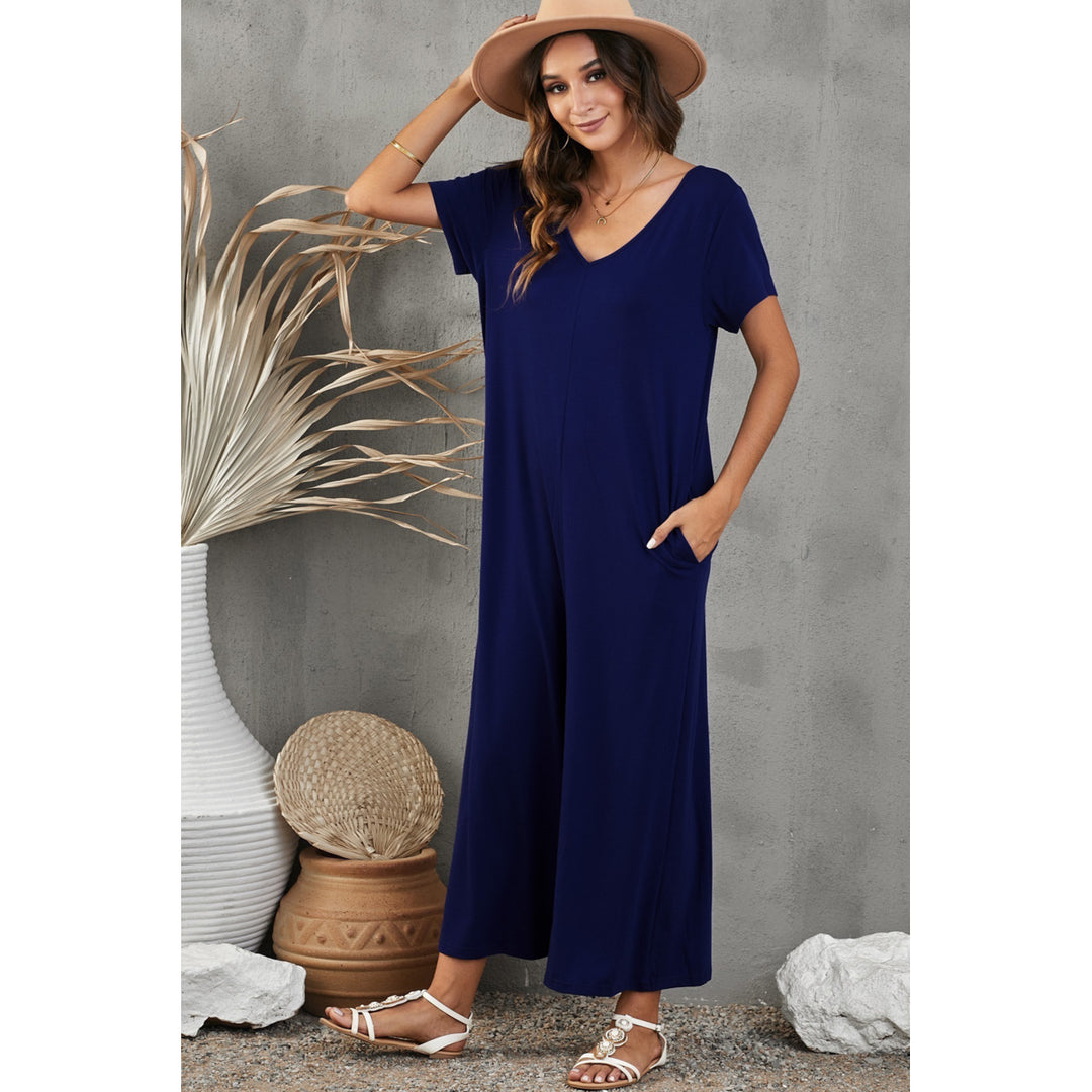 Womens Blue Solid Color Short Sleeve Wide Leg Jumpsuit with Pocket Image 4