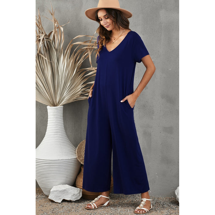 Womens Blue Solid Color Short Sleeve Wide Leg Jumpsuit with Pocket Image 6