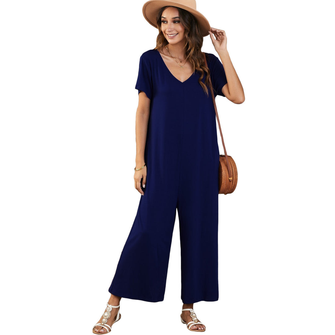 Womens Blue Solid Color Short Sleeve Wide Leg Jumpsuit with Pocket Image 7