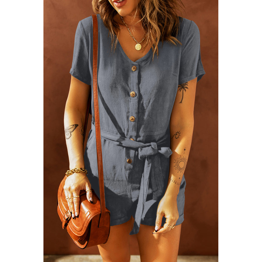 Womens Gray V Neck Short Sleeve Buttons Belted Romper with Pockets Image 1