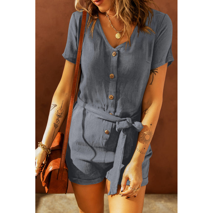 Womens Gray V Neck Short Sleeve Buttons Belted Romper with Pockets Image 3