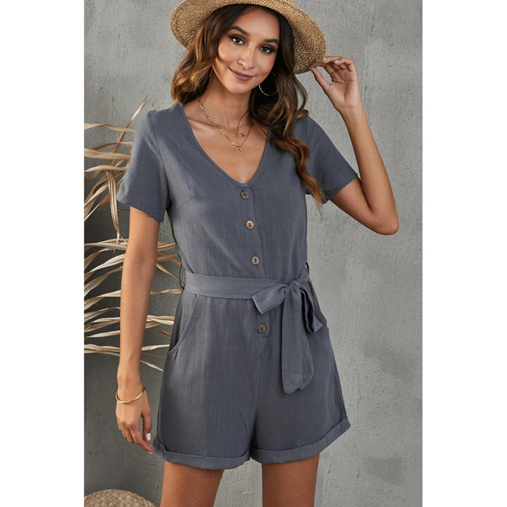 Womens Gray V Neck Short Sleeve Buttons Belted Romper with Pockets Image 8
